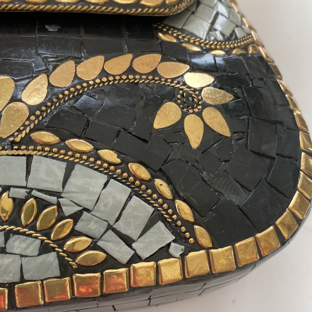 Antik Kraft Mosaic Inlay Hard Shell Metal Crossbody Clutch Purse Boho - Picture 4 of 10